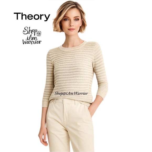 Theory cotton/linen blend open weave nubby striped crewneck sweater - Picture 1 of 8